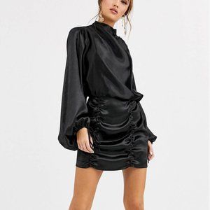 ASOS black satin mini dress with ruched skirt and blouson top
